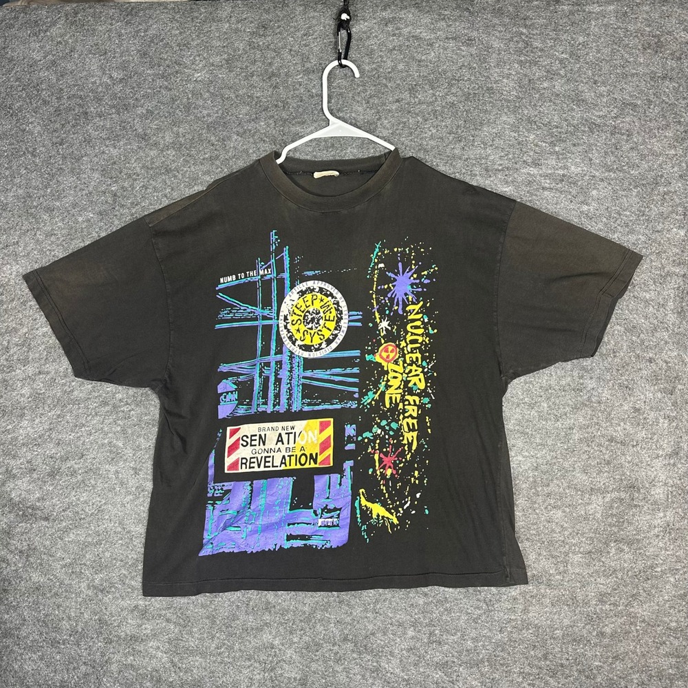 Vintage 90s Sleep In Systems Graphic T Shirt Mens Black Nuclear‎ Free Zone